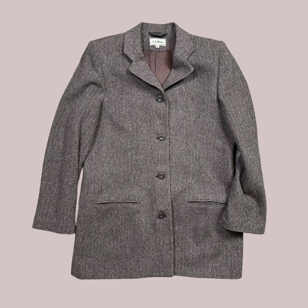 L.L. Bean Vintage Herringbone Grey Brown Women's Wool Blazer Jacket Coat Size 10